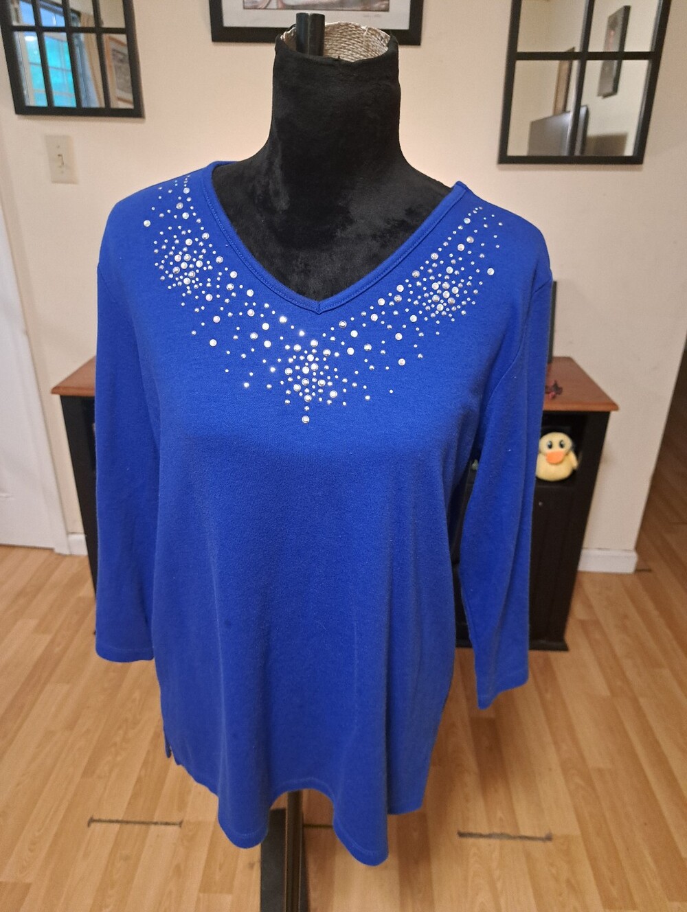 Medium Quacker Factory Blue Embellished Pullover Shirt Top Silvertone Accents